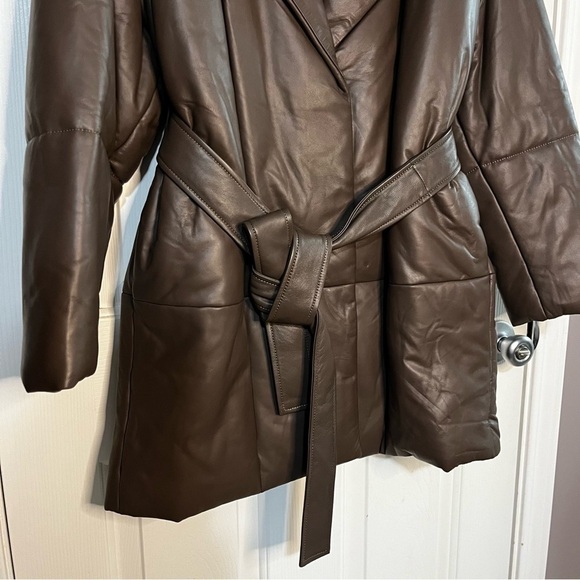 Brown Leather Belted Winter Puffer Jacket - Picture 4 of 14